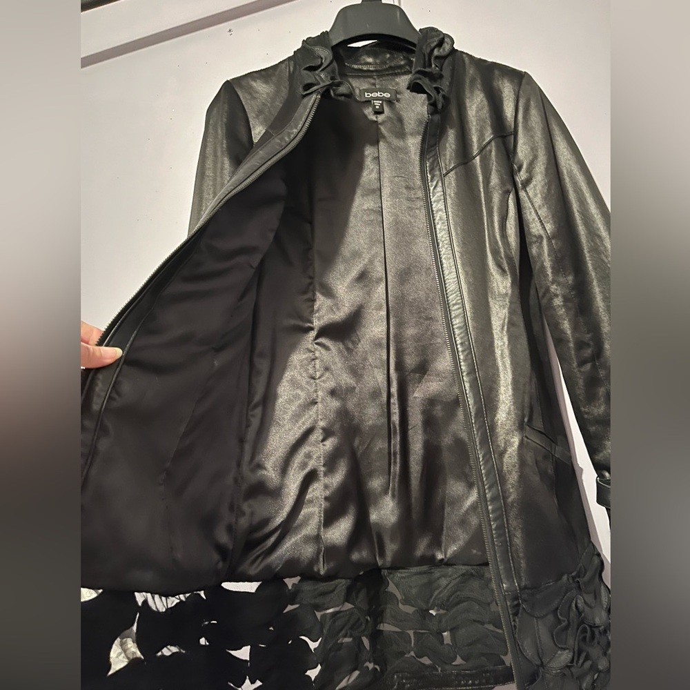 Bebe Satin Jacket with Leather Ruffle Accents